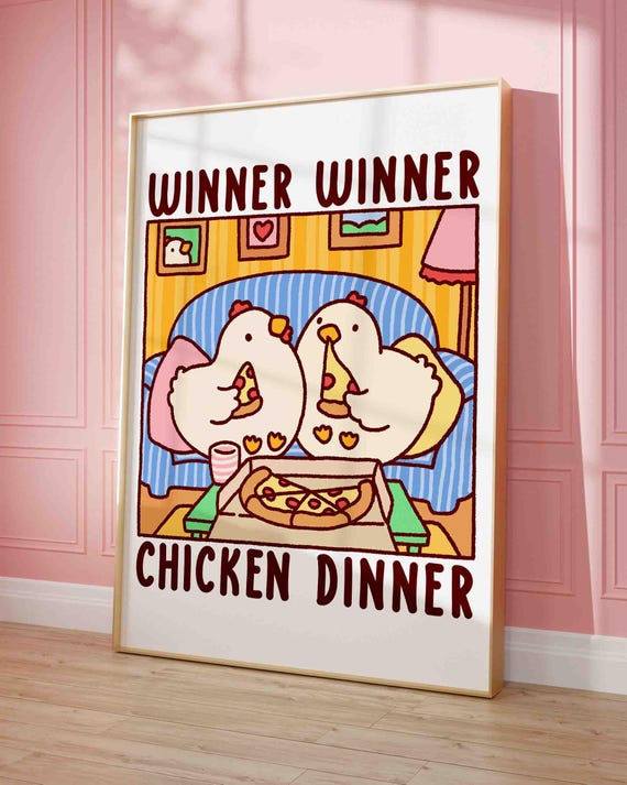 Winner Chicken Dinner Illustration Print Cute Quirky Funny Quote Art Cozy Apartment Over The Sofa Decor Retro
