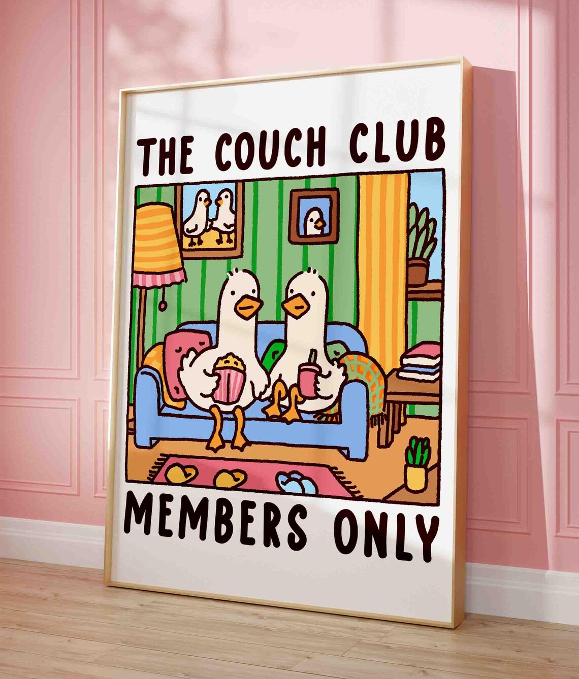Couch Club Duck Illustration Art Print, Retro Cozy Decor