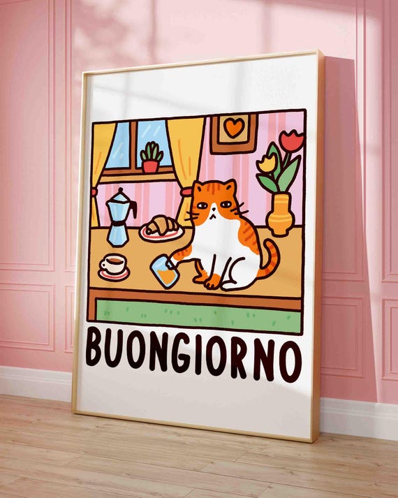 Buongiorno Orange Cat Print Breakfast Cute Quirky Funny Quote Art Kitten Lover Gift Retro Kitchen Decor Unframed Shipped