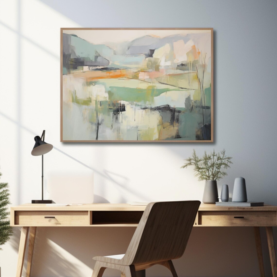 Neutral Abstract Landscape Painting Soft Gray Green Modern Art Poster - Image 2