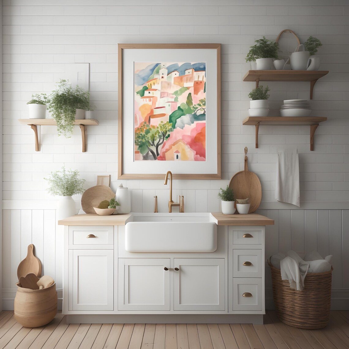 Capri Italian Hill Village Watercolor Painting Pastel Houses Poster - Image 3