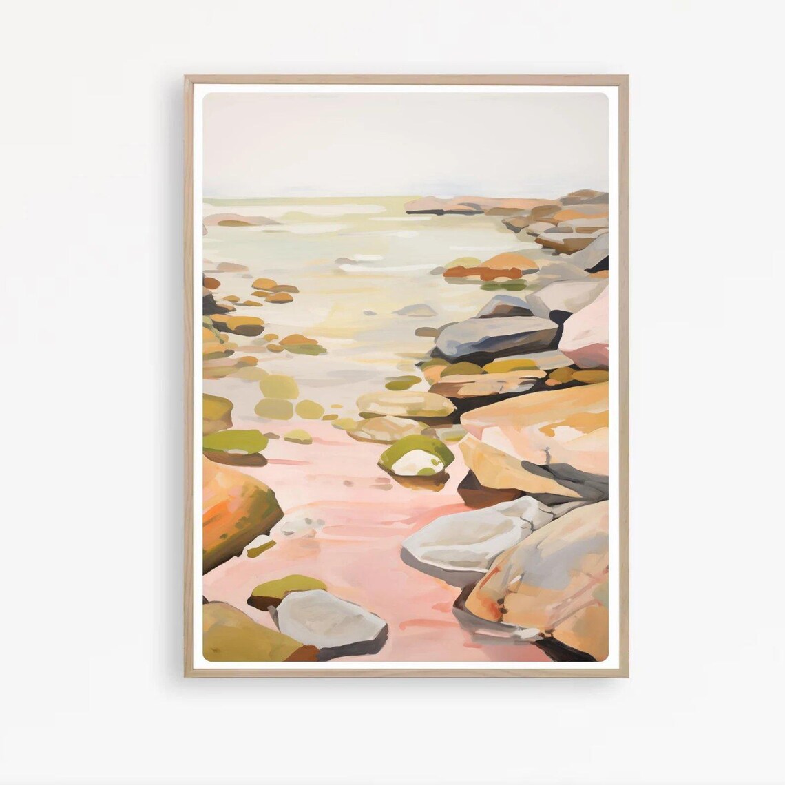 Coastal Abstract Rocky Beach Pink Shore Sunset Glow Wall Art - Image 2