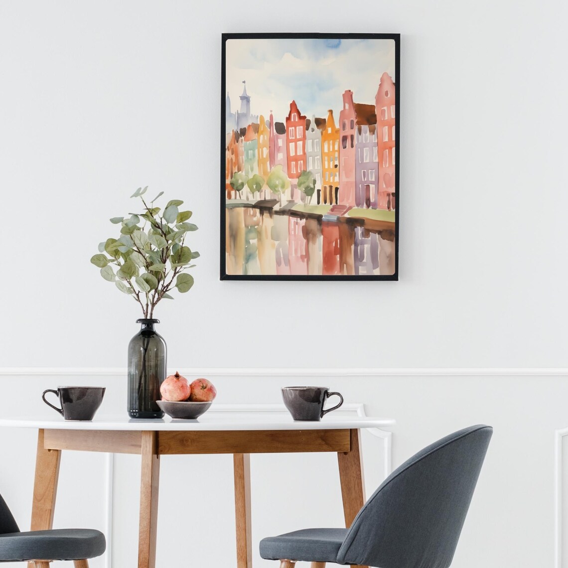 Amsterdam Canal Watercolor Colorful Dutch Houses Reflection Poster - Image 3