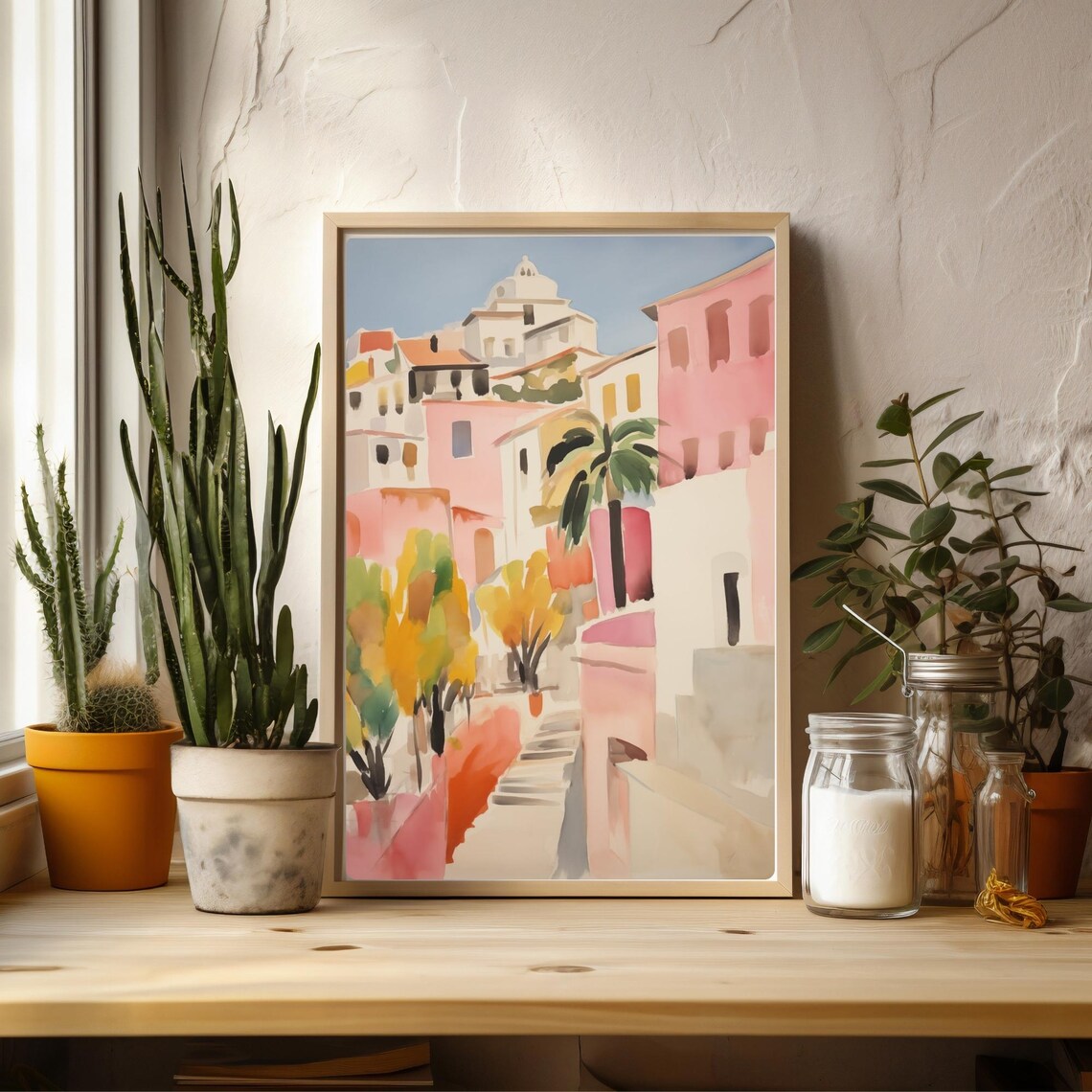 Greek Island Old Town Painting Pink Street Palm Trees Sunny Poster - Image 2