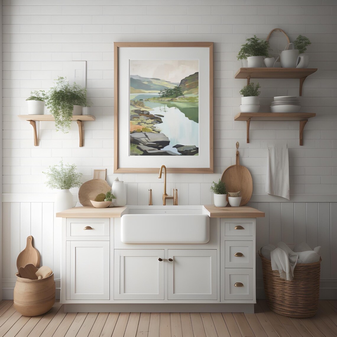 Mountain Lake Rocky Shore Painting Green Hills Tranquil Water Poster - Image 3