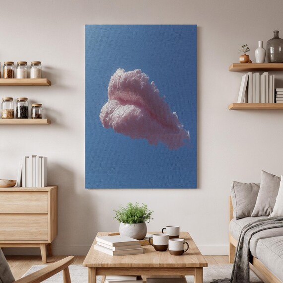 Pink Cloud Shaped Like Lips in a Bright Blue Sky Surreal Poster
