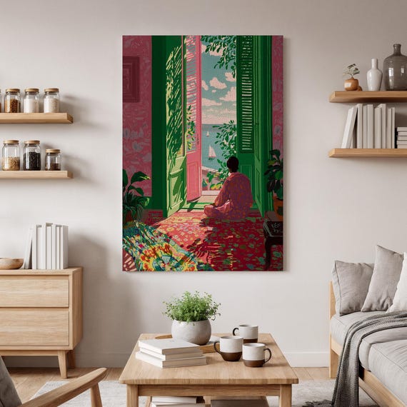 Meditative Seaside Morning Canvas Wall Art Cozy Bedroom Balcony View Print Dreamy Ocean Scene With Green Shutters Relaxing Home