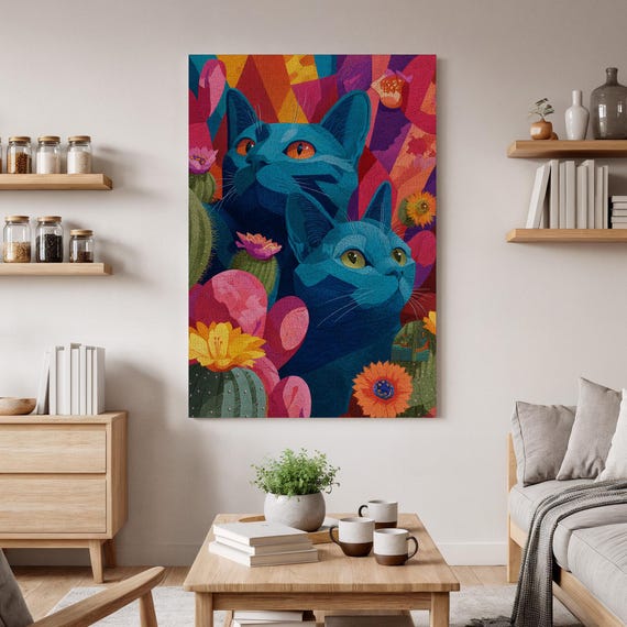 Vibrant Abstract Cat Art Canvas Colorful Feline Decor Modern Cactus Garden Print Exotic Animal For Home Unique Gift