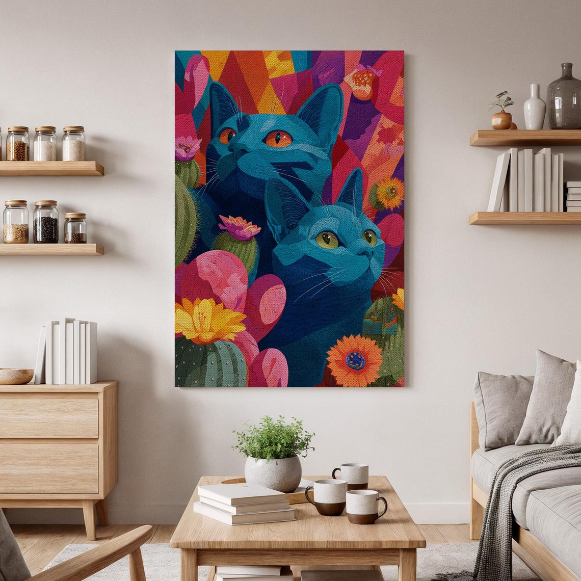 Vibrant Abstract Cat Art Canvas Colorful Feline Decor Modern Cactus Garden Print Exotic Animal For Home Unique Gift