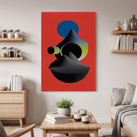 Abstract Geometric Canvas Wall Art Bold Modern Shapes Colorful Minimalist Artwork Red Background Contemporary Home Decor