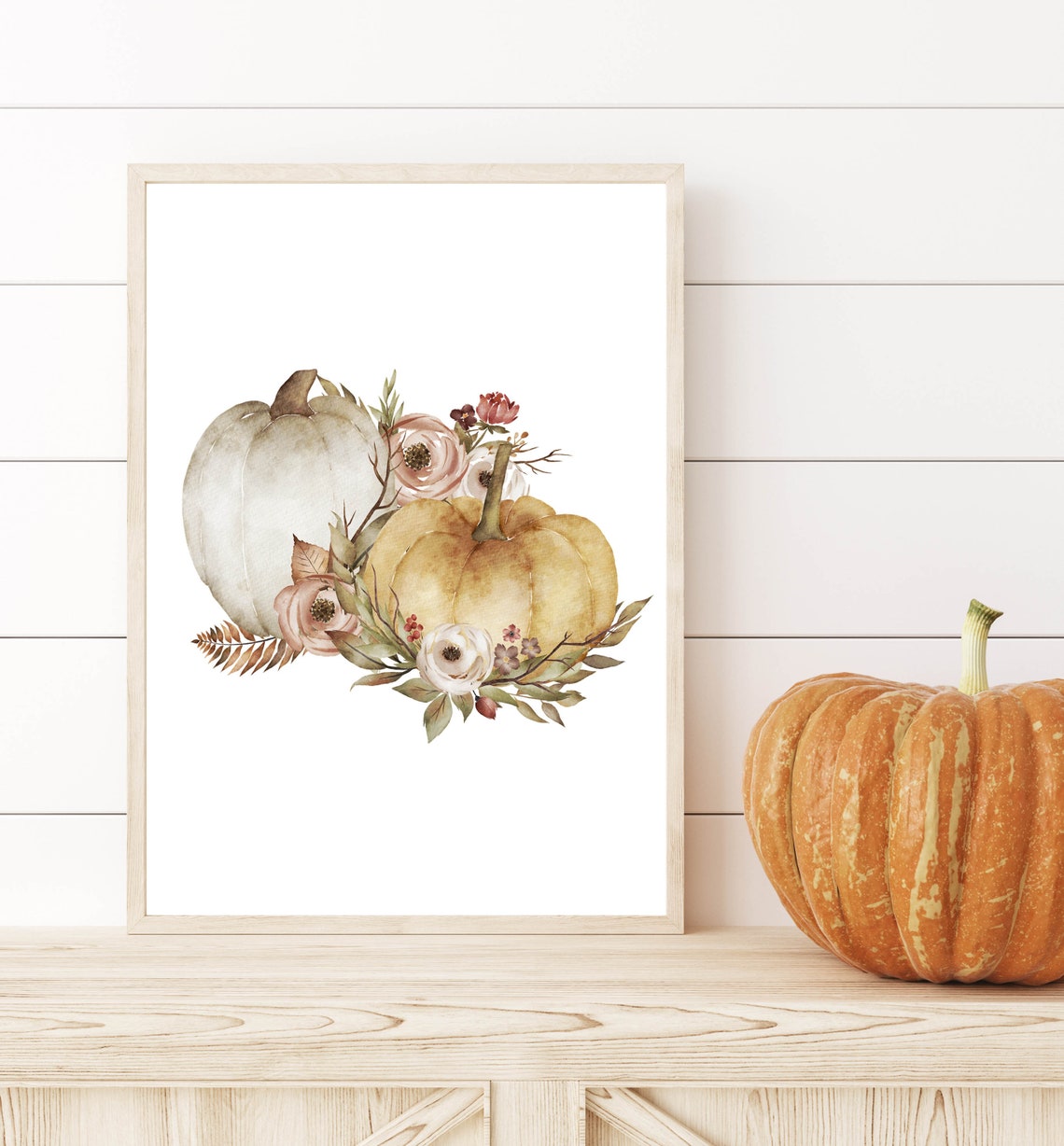 Watercolor Golden Pumpkins and Blush Roses Fall Decor Wall Poster - Image 3