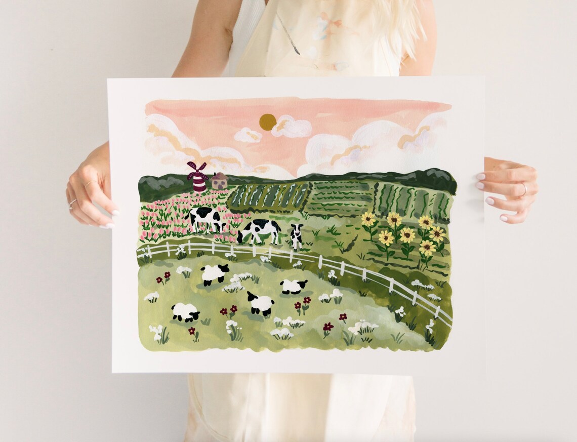 Pasture Painting Holland Landscape with Sheep and Cow - Image 4