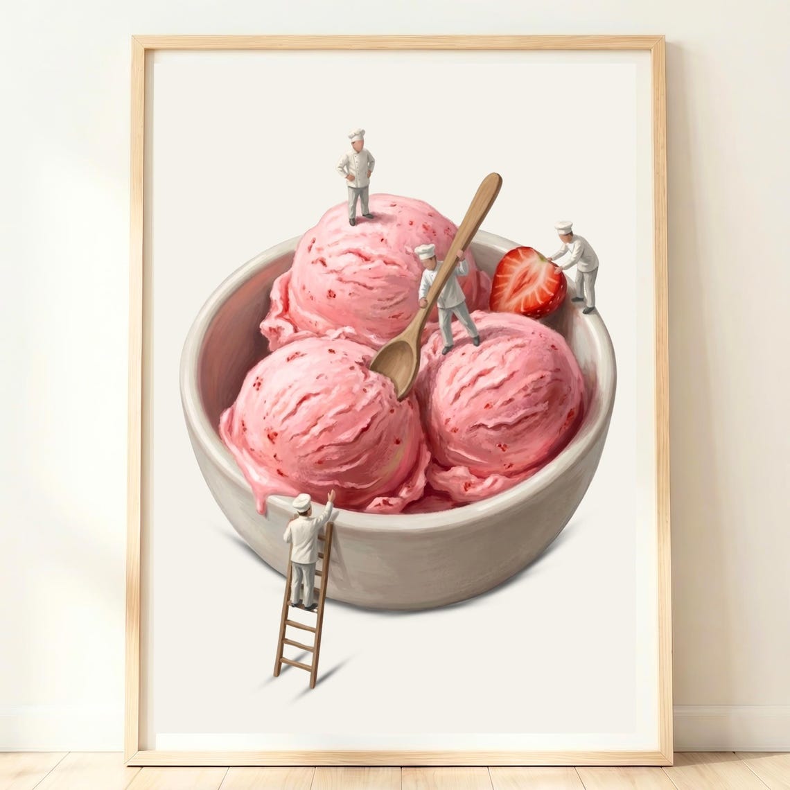 Tiny Chefs Serving a Giant Bowl of Strawberry Ice Cream Poster