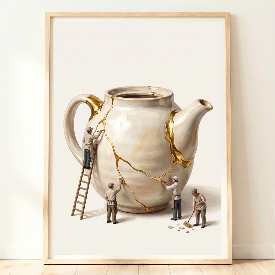 Giant Kintsugi Teapot with Gold Seams Repaired by Tiny Craftsmen Zen Poster