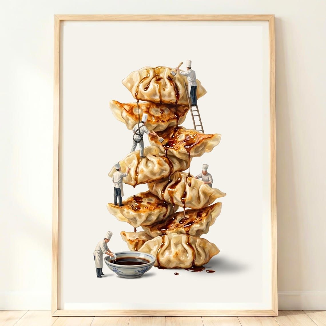 Giant Gyoza Dumpling Tower Tiny Chefs Soy Sauce Asian Food Poster