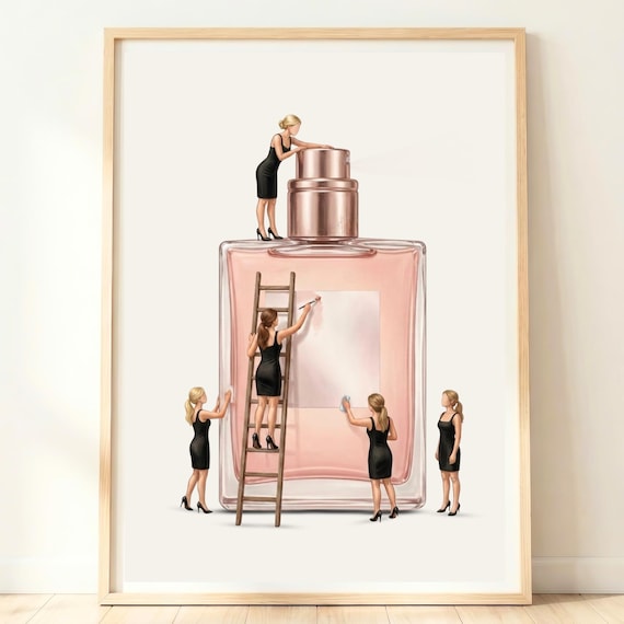Tiny Women Giant Perfume Bottle Whimsical Vanity Room Art Poster