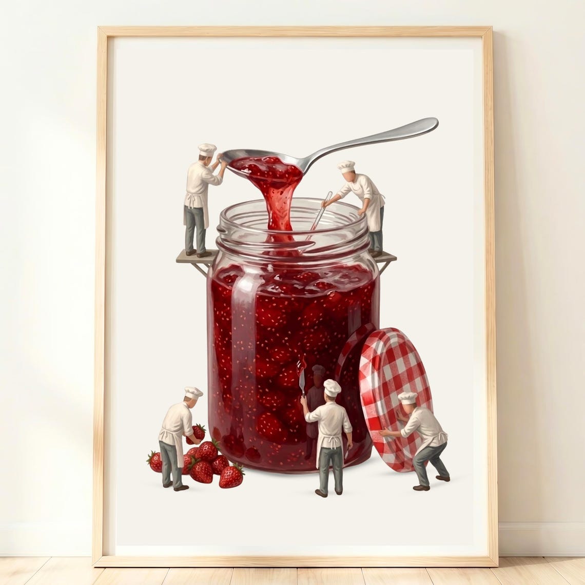 Whimsical Tiny Chefs Making Strawberry Jam in a Glass Jar Poster