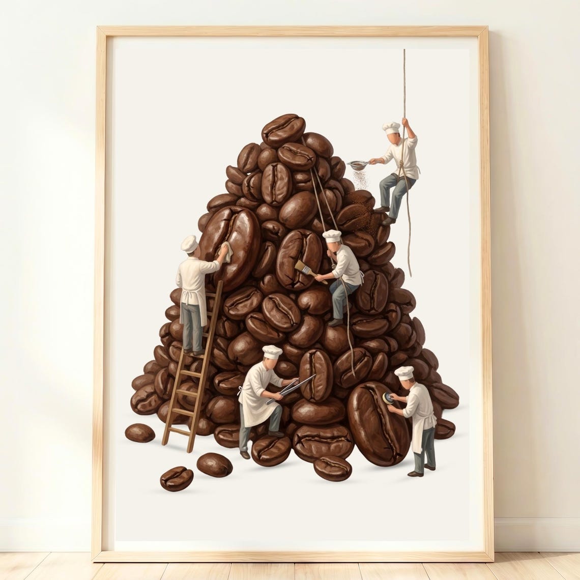 Giant Coffee Beans Mountain With Tiny Chefs Funny Cafe Bar Poster