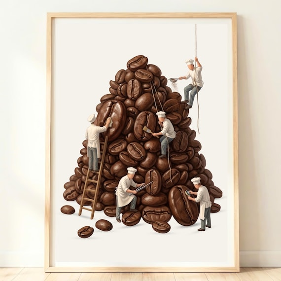 Giant Coffee Beans Mountain With Tiny Chefs Funny Cafe Bar Poster