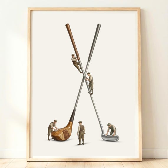 Vintage Tiny Golfers Giant Crossed Clubs Retro Golf Club Poster