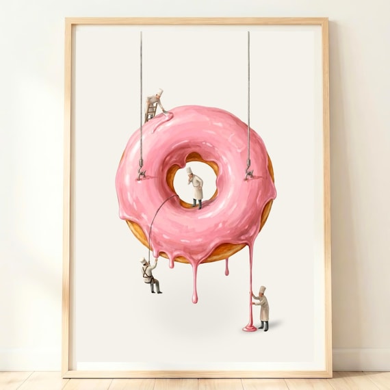 Giant Pink Glazed Donut Being Glazed by Tiny Workers Whimsical Sweet Poster