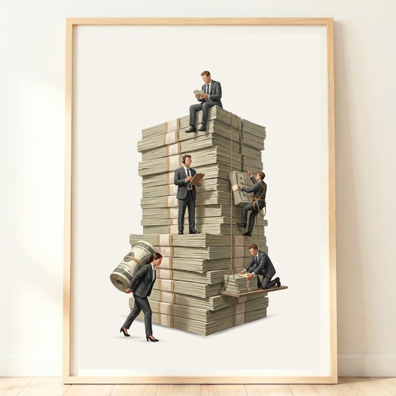 Tiny Businesspeople Building Giant Money Stacks Whimsical Finance Wall Art