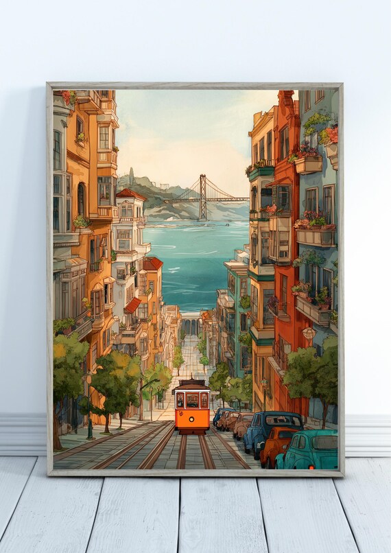 San Francisco Cable Car Street Colorful Scenic Illustrated Poster