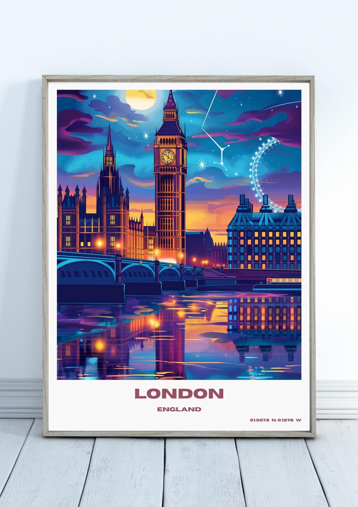 London England Night Skyline Big Ben River Thames Travel Poster