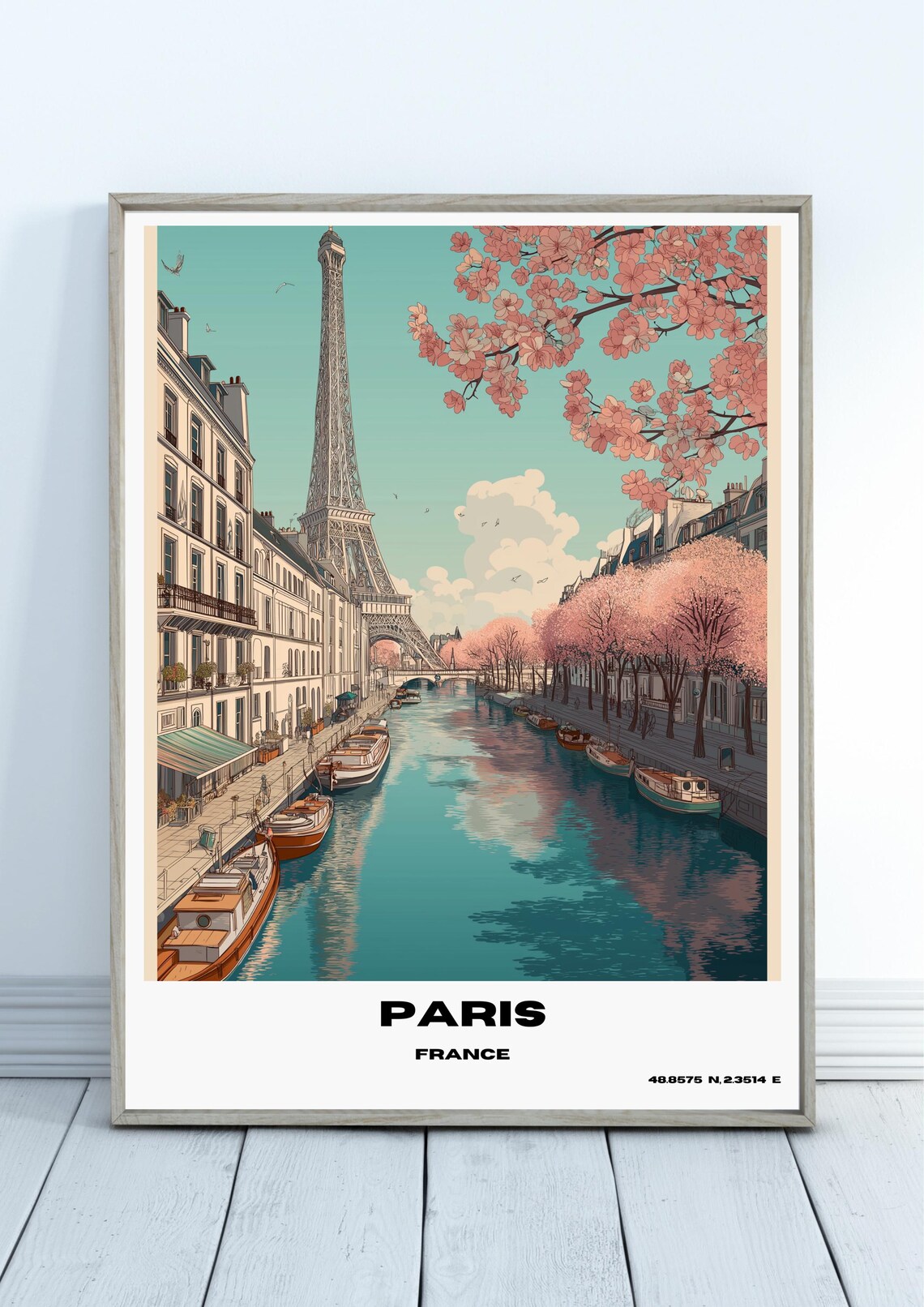 Paris France Eiffel Tower Canal Cherry Blossom Spring Vintage Travel Poster