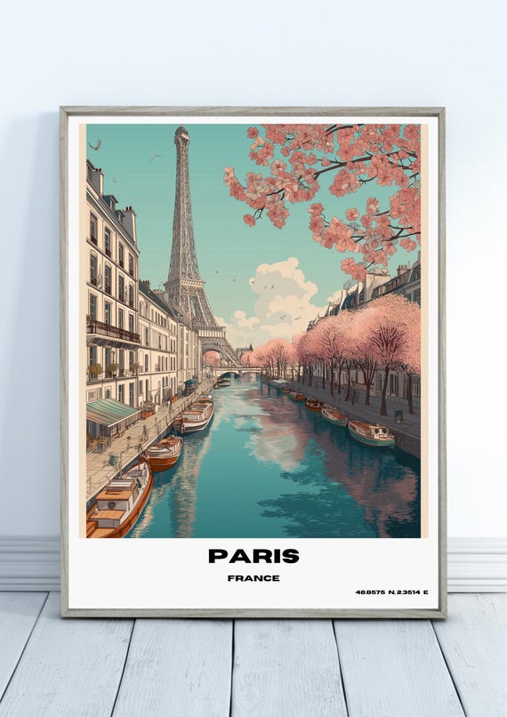 Paris Travel Poster Eiffel Tower Wall Art France City Print Romantic Home Decor Parisian Architecture Illustration