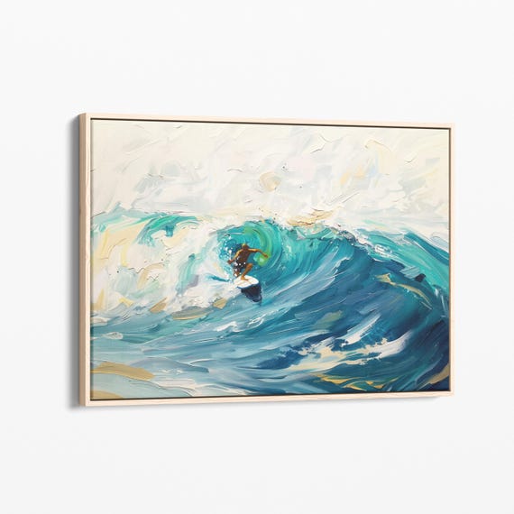 Surfing On Blue Waves Oil Painting Stretched Print Wall Art Surfing Painting Surfer Gifts Wall Art Gift Sob1
