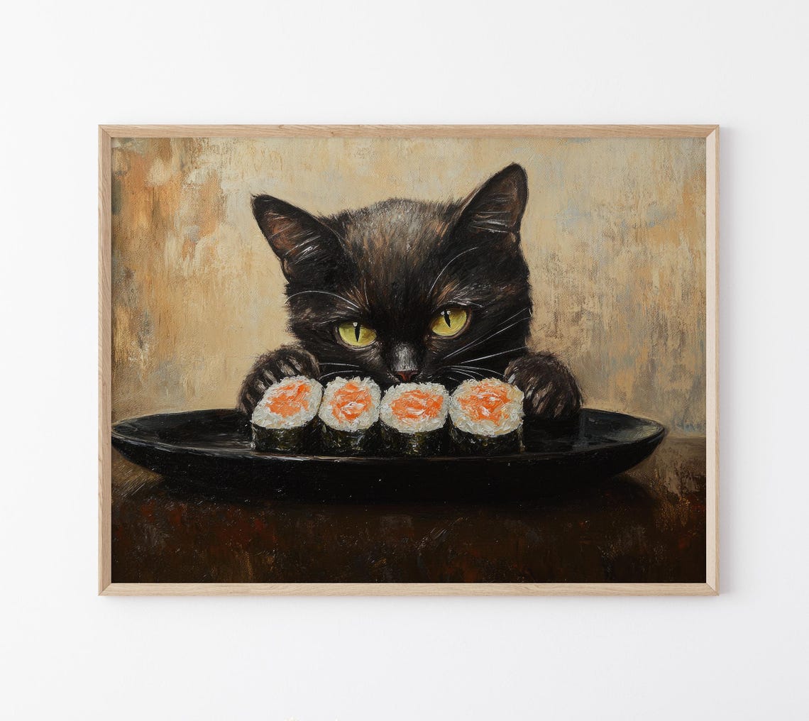 Black Cat Sushi Oil Painting Print Tokyo Art Print Oishii Cat Print Delicious Japanese Food Art Kitchen Wall Art Sushi Art Bcs8