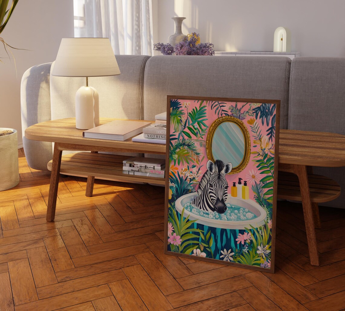 Zebra in a Bubble Bath Under a Gilded Gold Mirror Pink Floral Poster - Image 2