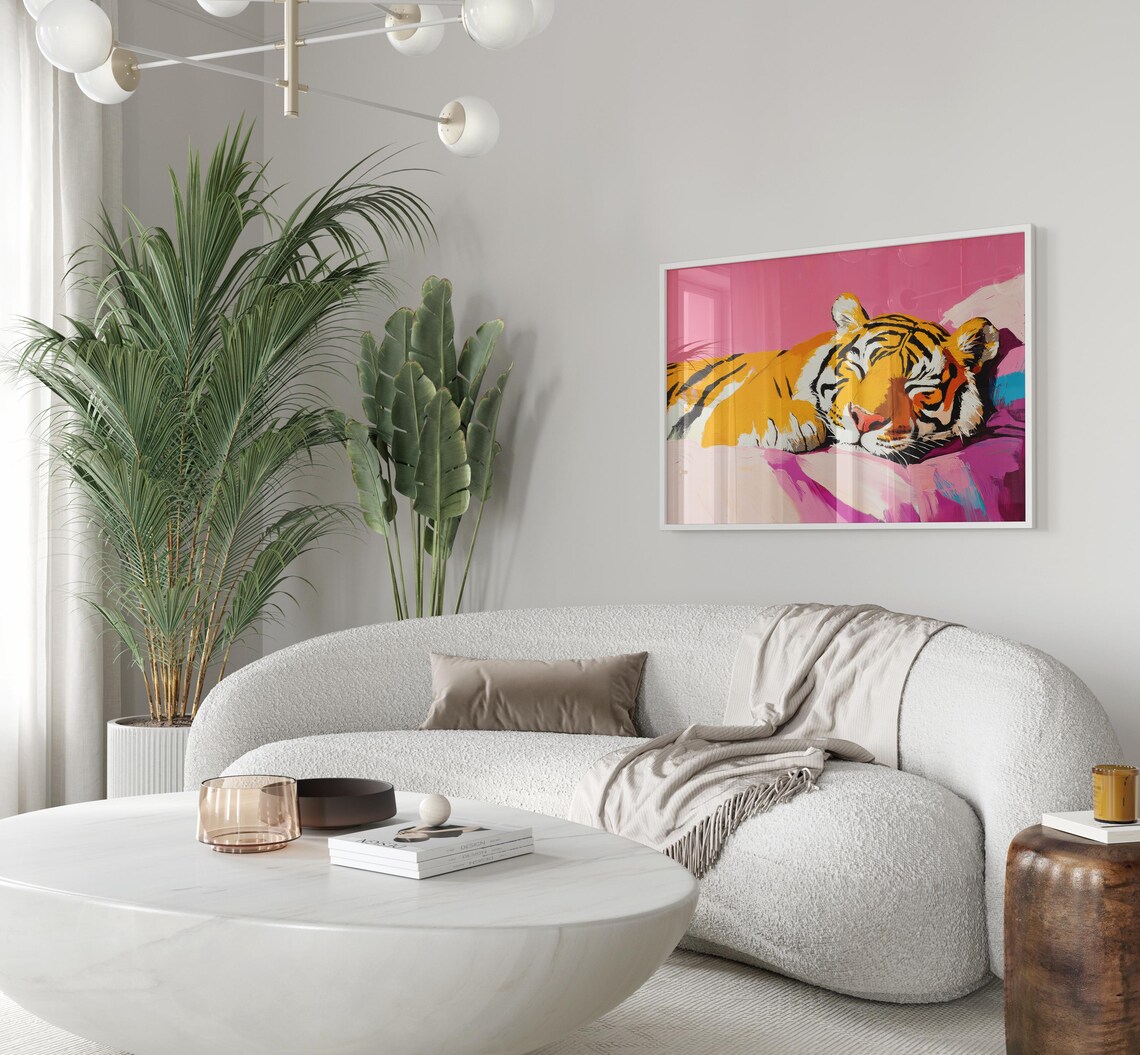 Sleeping Tiger Pink Blanket Right Facing Colorful Modern Poster - Image 3