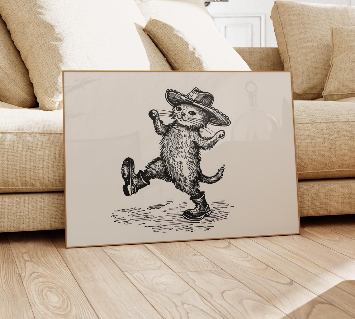 Dancing Cowboy Cat Side Kick Sketch Western Feline Decor Poster - Image 4