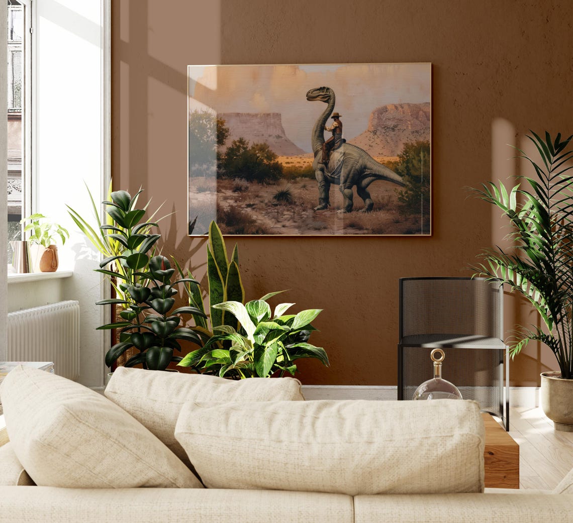 Vintage Dinosaur Cowboy Oil Painting Print Western Jurassic Dinosaur Print Gift For Him Funny Print Vdc16 - Image 2