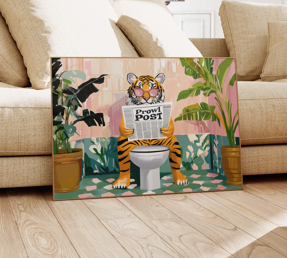 Tiger In Pink Sunglasses Prowl Post Toilet Plants Funny Poster - Image 4