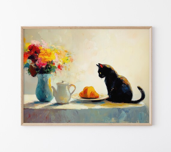 Black Cat in Profile at a Sunny French Cafe Table Painting Print