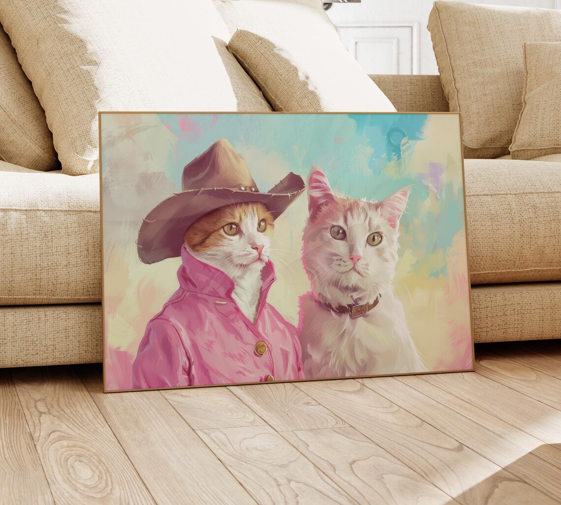 Cowboy Cats in Western Hats on a Pastel Sky Background Poster - Image 4