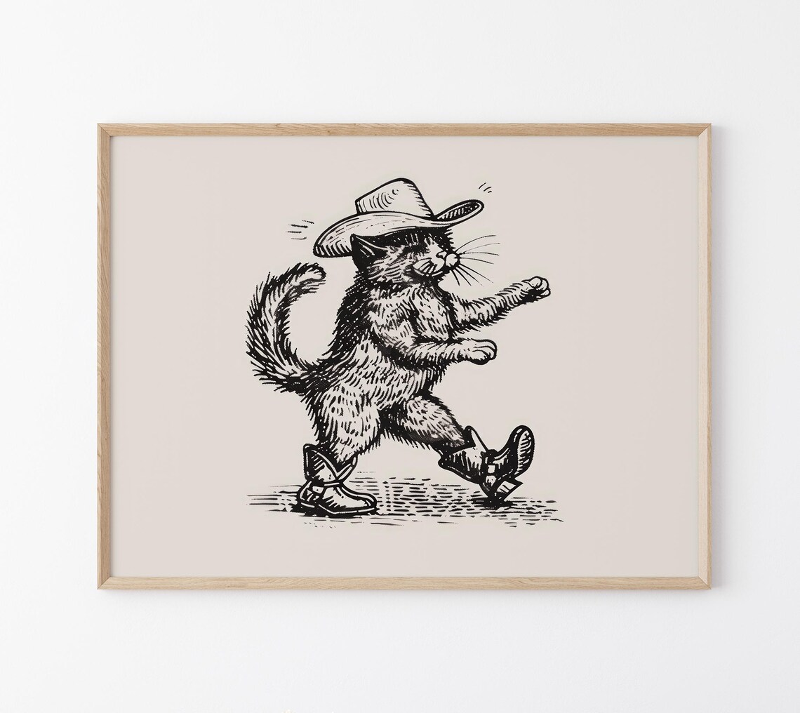 Marching Cowboy Cat Walking Sketch Western Boots And Hat Poster