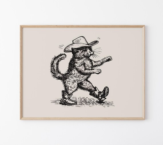 Marching Cowboy Cat Walking Sketch Western Boots And Hat Poster
