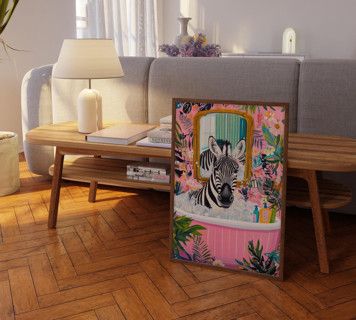 Zebra in a Bubble Bath Under a Gilded Gold Framed Mirror Poster - Image 2
