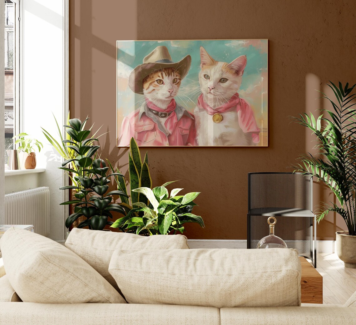 Cowboy Cats in Pink Western Shirts and Cowboy Hats Painting Poster - Image 2