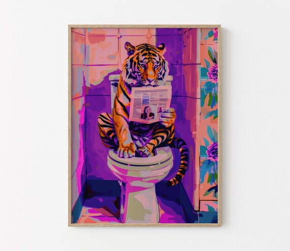 Tiger Reading Newspaper On Toilet Purple Pink Bathroom Funny Poster