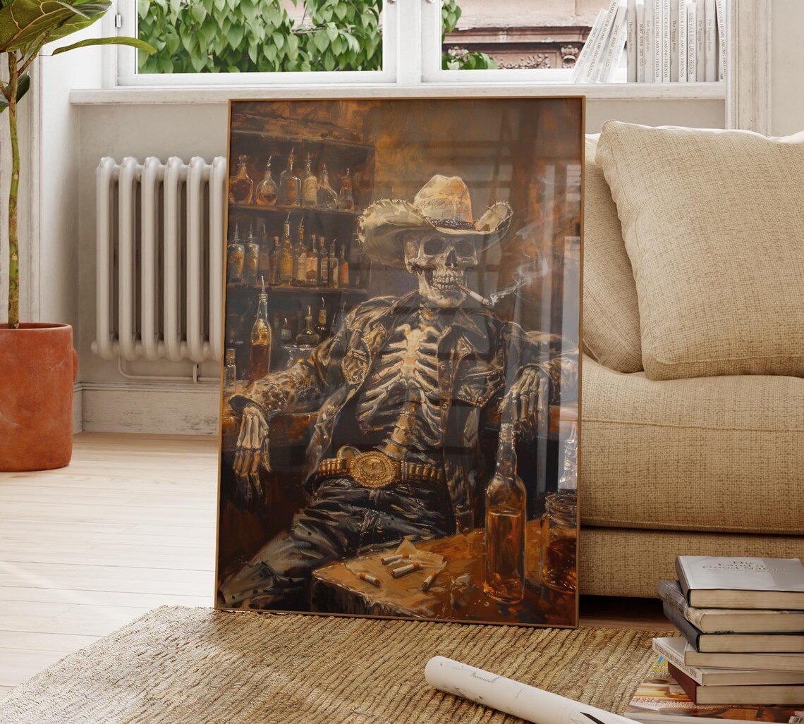 Wild West Remains Skeleton Cowboy Oil Painting Print - Image 4