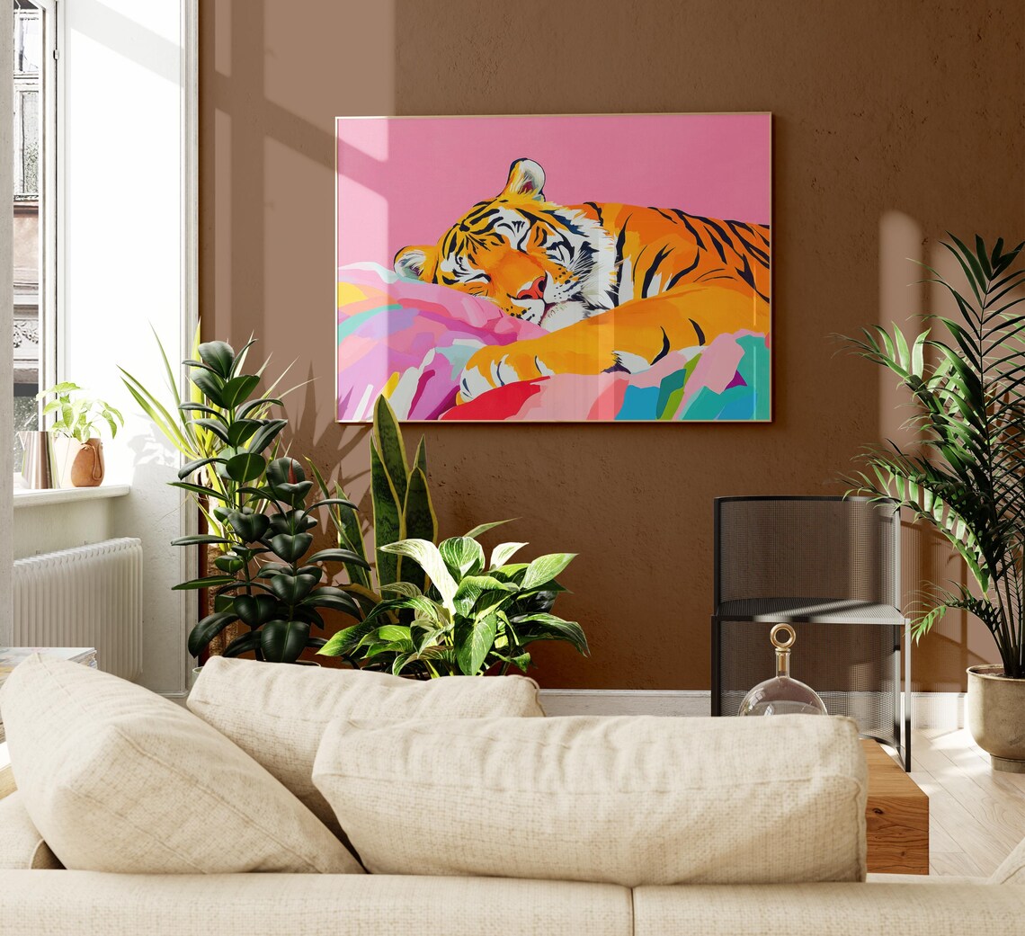 Sleeping Tiger Curled On Rainbow Blanket Colorful Modern Poster - Image 2