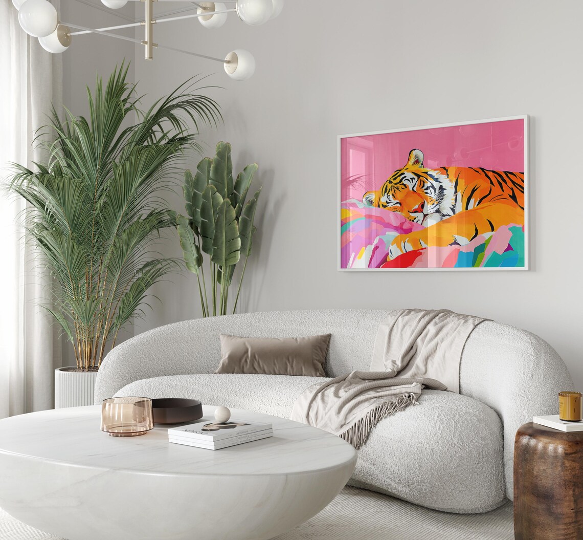 Sleeping Tiger Curled On Rainbow Blanket Colorful Modern Poster - Image 3