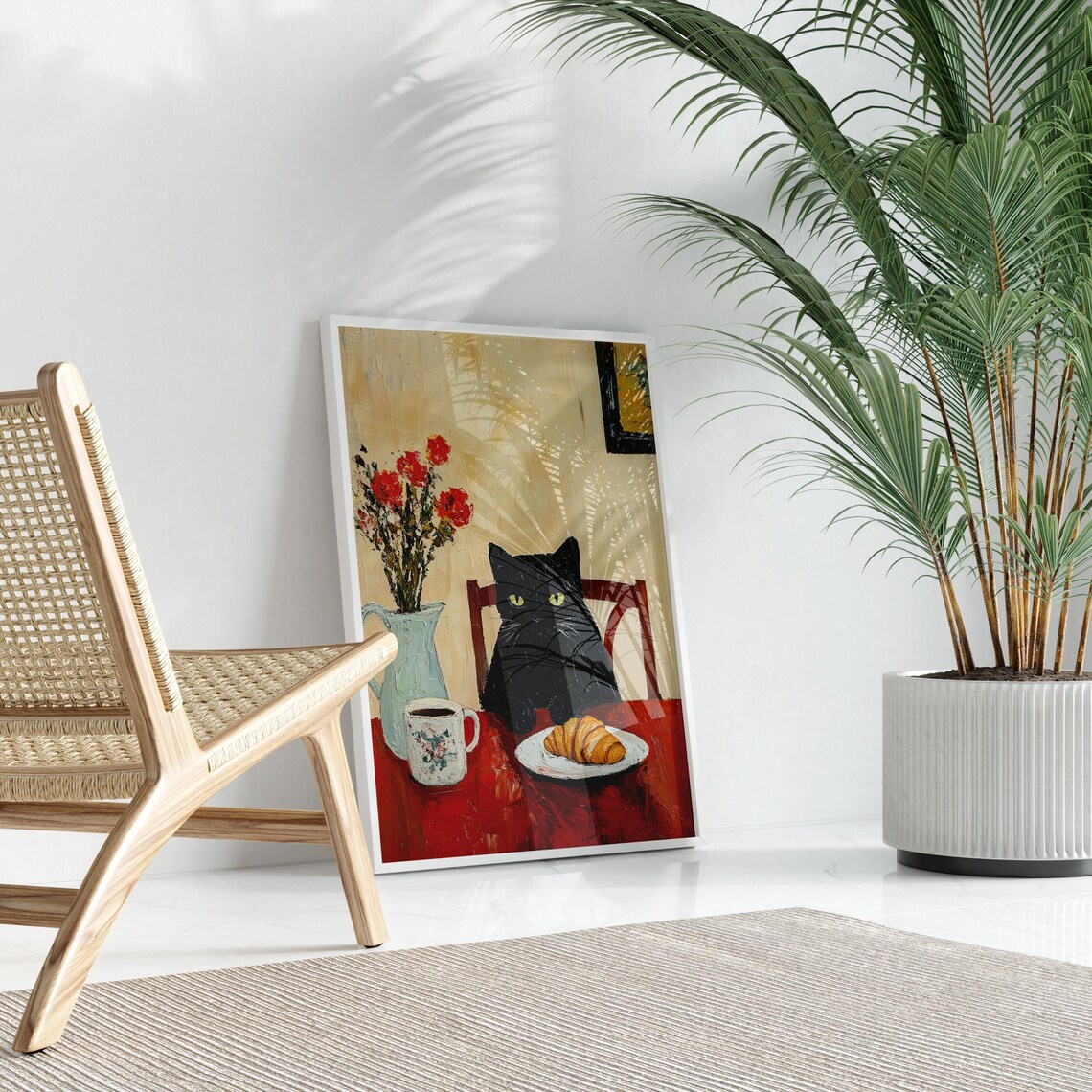 Black Cat at Red Bistro Table with Coffee Mug and Croissant Print - Image 3