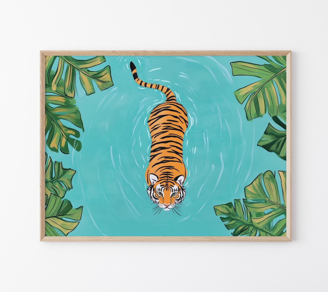 Tiger Swimming in Turquoise Water With Monstera Leaves Poster