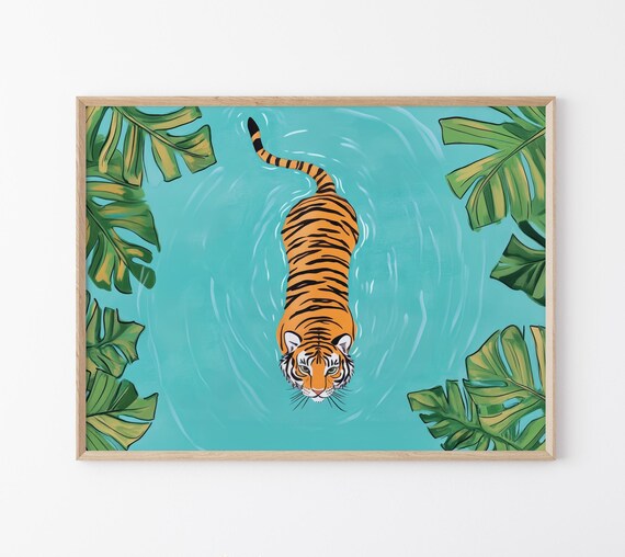 Tiger Swimming in Turquoise Water With Monstera Leaves Poster